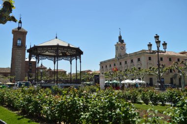 Cervantes Meydanı, Miguel De Cervantes nerede onun kilise, Belediye Binası ve orkestra bölge bir anda görebilir Doğum yeri fotoğrafı. Mimari seyahat öyküsü. 5 Mayıs 2018. Alcala De Henares Madrid İspanya.