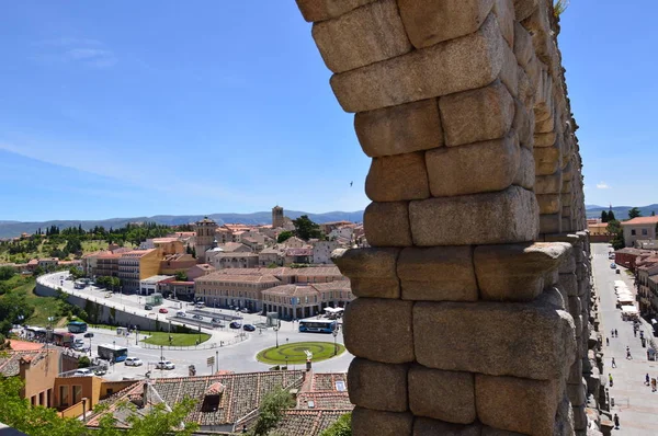 Magnífica Fotografía Angular Los Dos Lados Del Acueducto Segovia Arquitectura —  Fotos de Stock