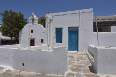 Mykonos Adası Chora şehir güzel Yunan tipik evler. Sanat tarihi mimarisi. 3 Temmuz 2018. Chora, Mykonos Adası, Yunanistan.