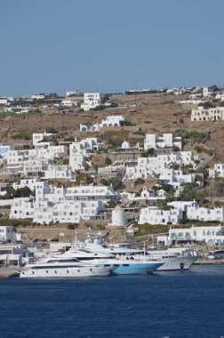 Chora şehir Mykonos Adası nın güzel görünümler. Sanat tarihi mimarisi. 3 Temmuz 2018. Chora, Mykonos Adası, Yunanistan.