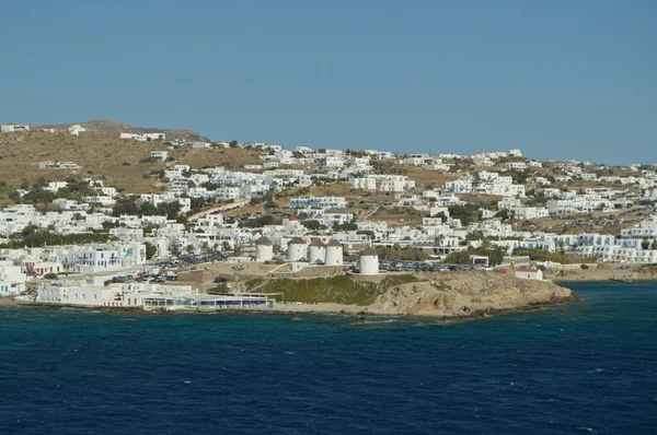 Mooi Uitzicht Vanaf Diepzee Van Molens Van Mykonos Kunst Geschiedenis — Stockfoto