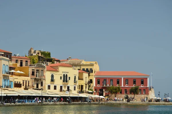 Porto Chania Com Seu Belo Estilo Veneziano Casas Restaurantes Cheios — Fotografia de Stock