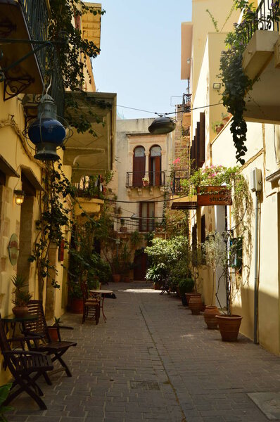 Narrow Streets In The Venetian Style Neighborhood Of Chania With Souvenir Shops. History Architecture Travel. July 6, 2018. Chania, Crete Island. Greece.
