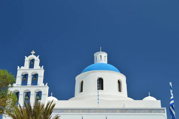 Hermosa Vista Del Campanario Tejado Fachada Principal Iglesia Panagia Isla — Foto de Stock