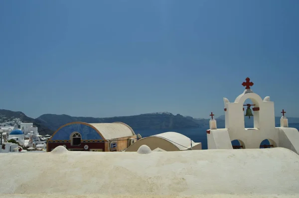 Clocher Une Église Toits Oia Sur Île Santorin Architecture Paysages — Photo