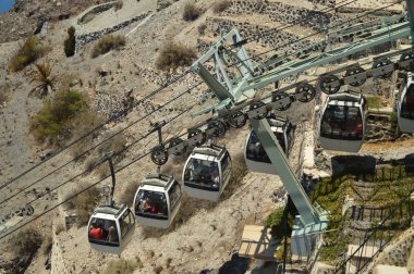Fira teleferik güzel Santorini Adası üzerindeki bağlantı noktasına aşağı gidiş arabası. Mimari, manzara, seyahat, yolculukları. 7 Temmuz 2018. Santorini Island, Thera. Yunanistan.