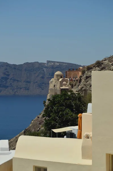 Piękne Widoki Konstrukcji Bizantyjskiej Pięknym Mieście Oia Wyspie Santorini Architektura — Zdjęcie stockowe