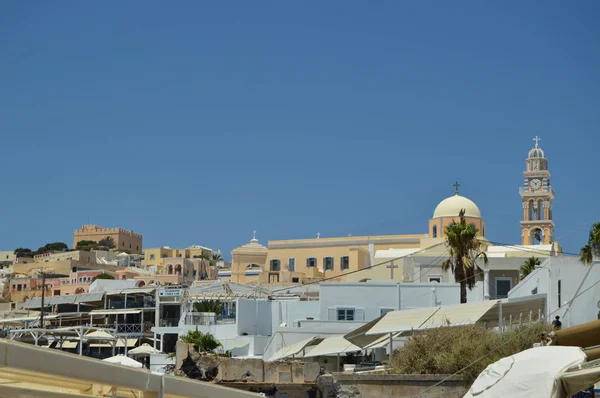 Hermosas Vistas Panorámicas Hermosa Ciudad Fira Isla Santorini Arquitectura Paisajes —  Fotos de Stock