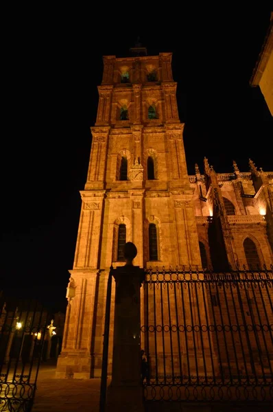 Wunderschöne Nachtaufnahme Des Glockenturms Der Kathedrale Astorga Architektur Geschichte Camino — Stockfoto