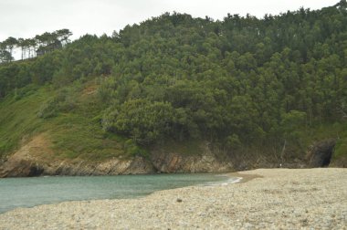 Güzel beyaz kum kıyıda Artedo tarafından yüksek kayalıklarla çevrili plaj. 30 Temmuz 2015. Playa De Artedo, Artedo, Asturias, İspanya.