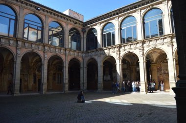 Bologna anatomik tiyatronun iç avlu. Bologna seyahat, tatil, mimari. 31 Mart 2015. Bologna, Emilia Romagna, İtalya.