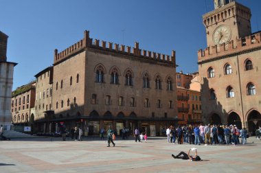 Piazza Maggiore'ye Bologna, Ortaçağ binanın ana cephe. Seyahat, tatil, mimari. 31 Mart 2015. Bologna, Emilia Romagna, İtalya.