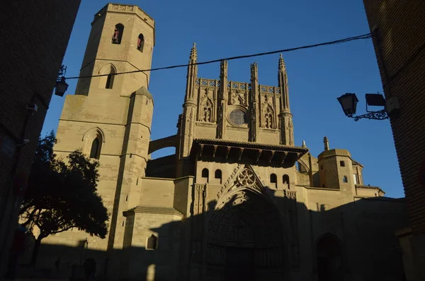 Pięknego Dnia Główna Fasada Katedry Huesca Xiii Wieku Placu Katedry — Zdjęcie stockowe