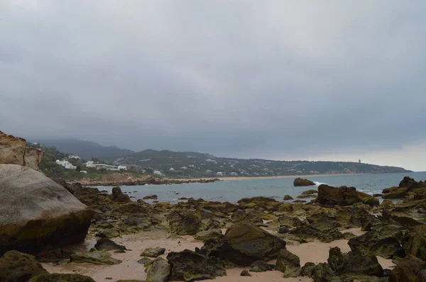 Baai Achter Een Set Rotsen Het Strand Van Atlanterra Zahara — Stockfoto