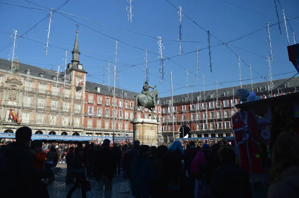 Praça Principal Decorado Natal Com Suas Pitorescas Estandes Natal Madrid — Fotografia de Stock