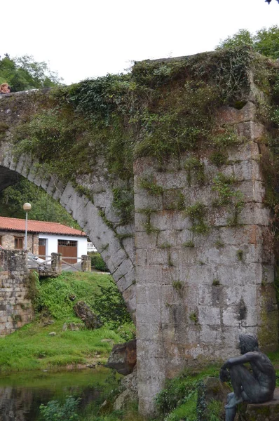 Lierganes'teki Güzel Roma Köprüsü'nün Yanındaki Balık Adam Heykeli. 24 Ağustos 2013. Lierganes, Cantabria. Tatil Doğa Sokak Fotoğrafçılığı.