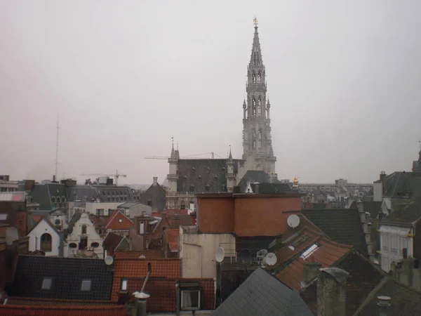 背景の屋根の美しい空中ショットブリュッセルの大聖堂の鐘塔 2013年3月22日ベルギー ブリュッセル バケーションネイチャーストリート写真 — ストック写真
