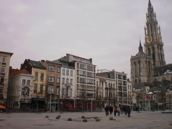 Bella Grand Square Groenplaats Con Torre Della Cattedrale Giorno Nevoso — Foto Stock