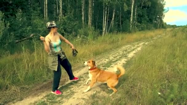 Das Mädchen wirft einem orangefarbenen Hund einen Stock zu — Stockvideo