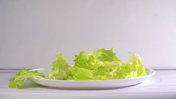 Salade Met Kerstomaatjes Garnalen Olijven Witte Plaat Vallende Salade Ingrediënten — Stockvideo