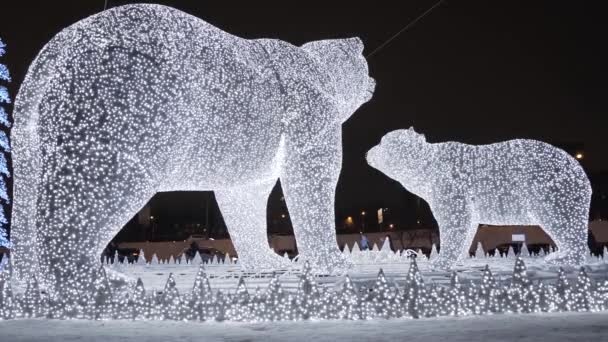 Boże Narodzenie Rzeźby Niedźwiedzie Oświetleniem Moskwa Stycznia 2019 — Wideo stockowe