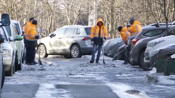 Werknemers Reinigen Het Ijs Met Schoppen Schoppen Sneeuw Met Een — Stockvideo