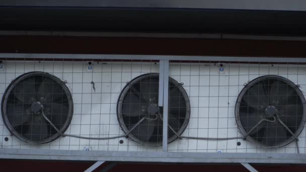 Három Ventilátor Ipari Légkondicionáló Lassú Első Spin Egyszer Elkezd Forgó — Stock videók