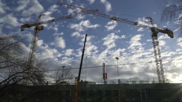 Deux Grues Tour Déplacent Les Mécanismes Contrôle Crochet Levage — Video