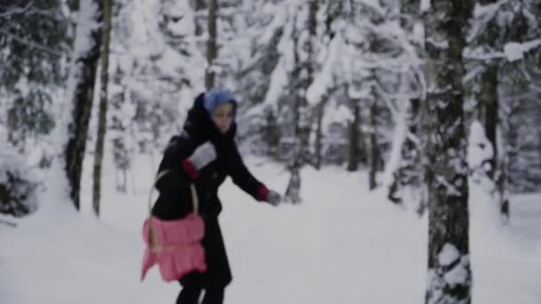 Chica Con Una Cesta Bosque Invierno Huye Husky Husky Girl — Vídeo de stock