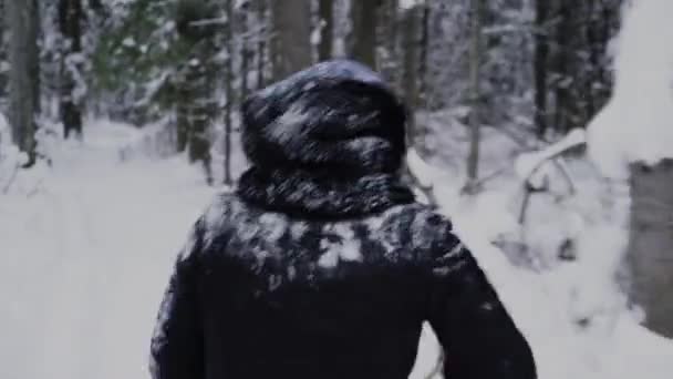 Ragazza Nella Foresta Invernale Fugge Guarda Indietro — Video Stock