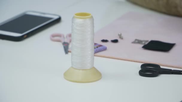 Table Needlework Spool White Thread Scissors — Stock Video