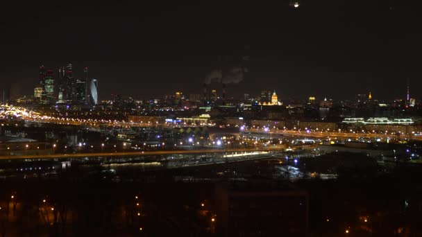 Panoramic View Night Metropolis Visible Skyscrapers Smoking Pipes Factories Lights — Stock Video