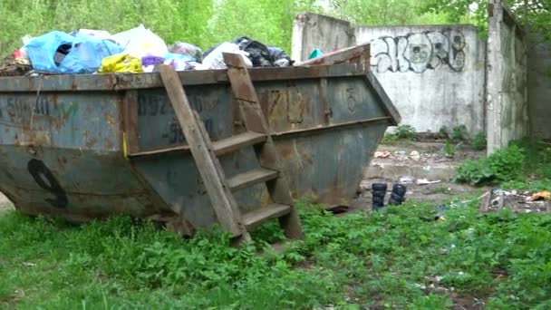 Container met vuilnis, waarna het afval wordt verstrooid. — Stockvideo
