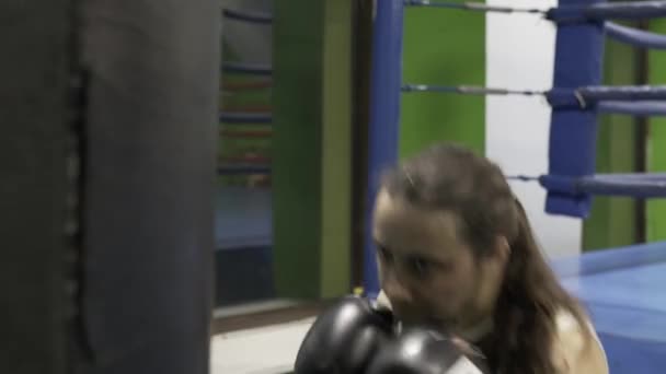Girl Boxer slår händerna i handskar boxnings väska — Stockvideo