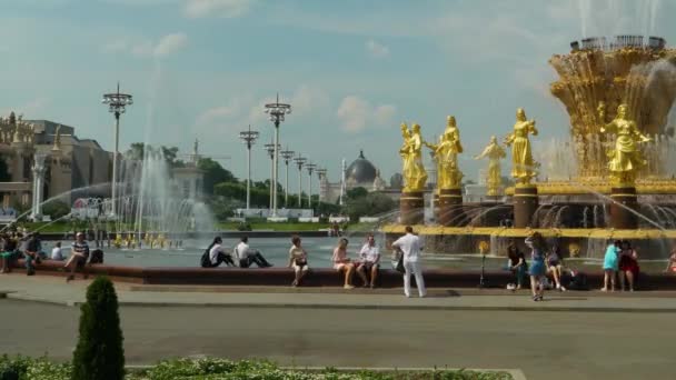 Ludzie Chodzą Placu Przed Fontanną Przyjaźni Narodów Timelapse Moskwa Czerwiec — Wideo stockowe