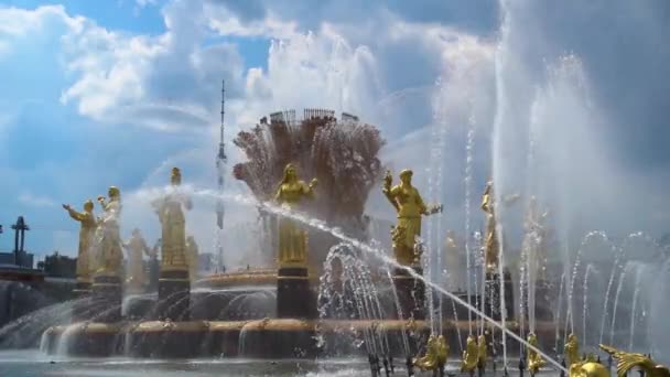 Fontanna Przyjaźni Narodów Strumieniami Wody Pierwszym Planie Zwolnionym Tempie Moskwa — Wideo stockowe