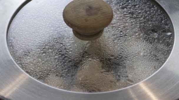 The lid of the pan was steaming from frying meat — Stock Video