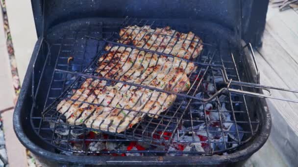 La carne se encuentra en la parrilla sobre las brasas en la barbacoa — Vídeos de Stock