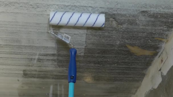 Le plafond est humidifié avec un rouleau sur un poteau le long et à travers — Video