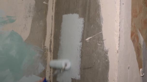 Pintura de pared rodillo pintura azul claro — Vídeo de stock