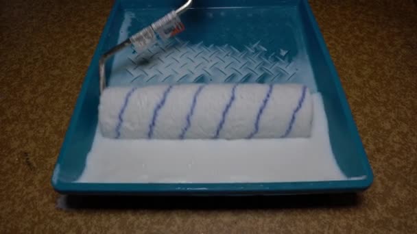 O rolo é umedecido com tinta branca derramada em uma palete — Vídeo de Stock