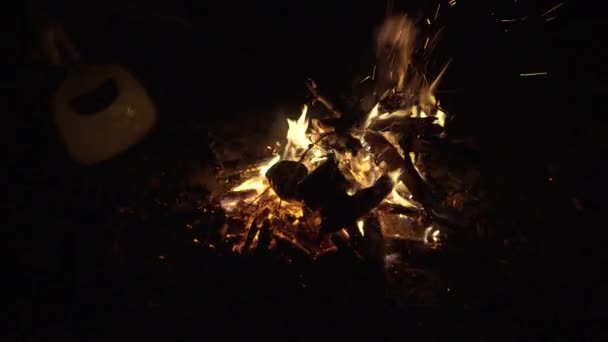 Gekromde ijzeren potten liggen in het vuur. — Stockvideo