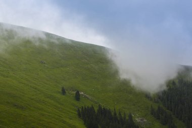 Yaz sahne dramatik sis bulutları ile Avrupa Alpleri'nde