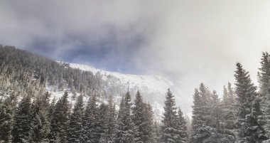 Güzel kış dağ manzarası ile taze kar ve sis bulutları