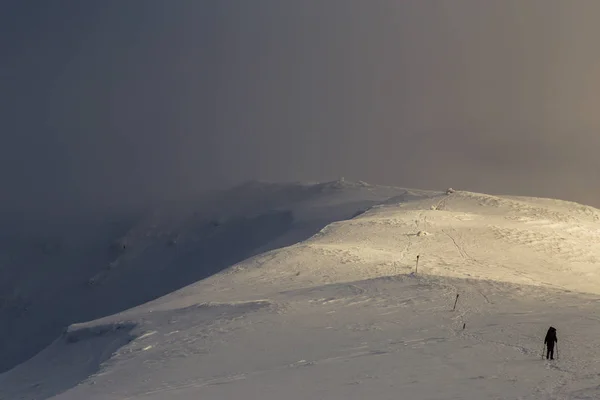 Dramatische Winter Landschap Bergen Met Verse Sneeuw Mist Mooi Licht — Stockfoto