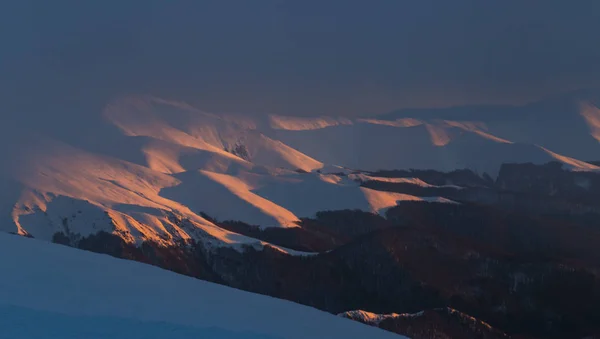 Paisajes Invierno Dramáticos Las Montañas Con Nieve Fresca Niebla Hermosa —  Fotos de Stock