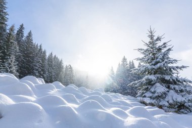 Bir parlak, güneşli, günde taze kar ile kış dağ manzarası