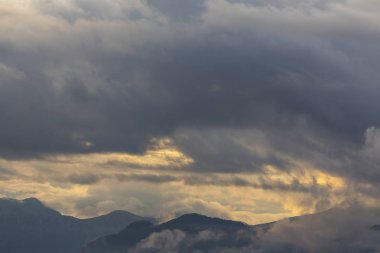 Güzel sonbahar dağ manzarası ile sis bulutları, sis ve vahşi orman