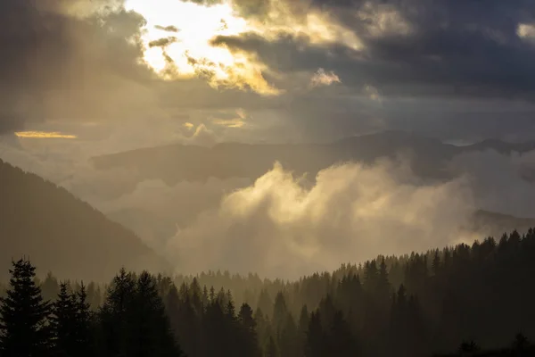 Schöne Herbstliche Berglandschaft Mit Nebelwolken Nebel Und Wilden Wäldern — Stockfoto