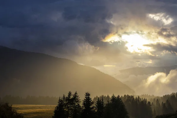 Beau Paysage Montagne Automne Avec Nuages Brumeux Brouillard Forêts Sauvages — Photo